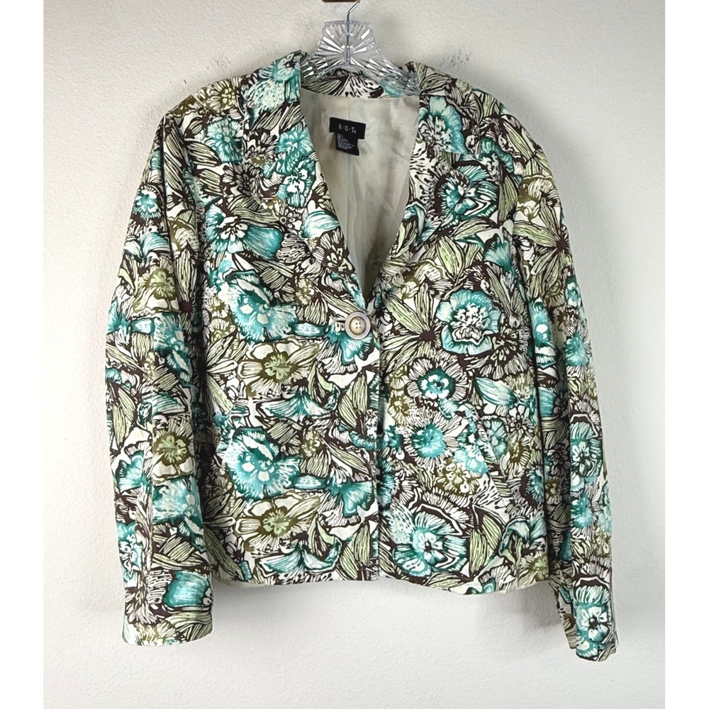 RQT Blazer Women Large Floral Linen Blend Teal Green Single Button Jacket